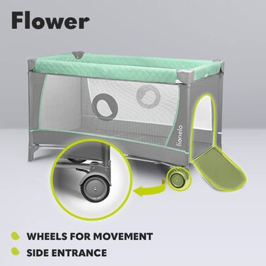 Lionelo Flower 4in1 Travel Cot Baby, Playard Baby with Side Entrance, Changing Table, Two Mattress Suspension Heights, Toy Arch with Figures, Wheels, Carry Bag 1 Piece (1 Pack) Turquoise