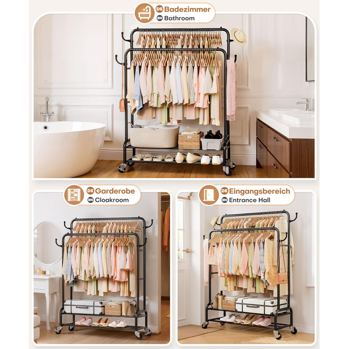 Стійка для одягу Yorbay на колесах: металева, 2 перекладини, 4 гачки, 2 полиці для зберігання, до 120 кг, 112 см (ширина)
