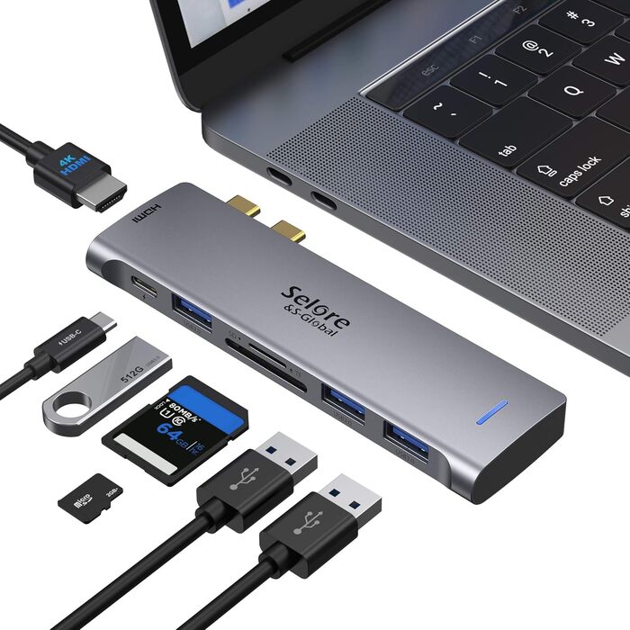 Док-станція USB-C з підтримкою 2 моніторів 4K, DisplayPort, USB3.1, RJ45, 100W PD, картрідер, аудіо/мікрофон, для ноутбуків Dell HP (7 в 2, сірий)