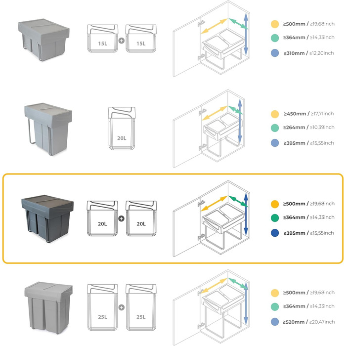 Відро для сміття кухонне Emuca з підвісною системою, 2 висувні контейнери по 20 л, загальний об'єм 40 л (2 x 20 л), сталь та пластик, антрацитовий колір