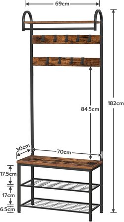 HOOBRO Coat Rack, Wardrobe Rack, Shoe Shelf with Seating, Clothes Rack with 9 Hooks, Bench, Clothes Rail, 182 cm High, Entrance Hall, Living Room, Metal Frame, Vintage Brown-Black EBF13MT01