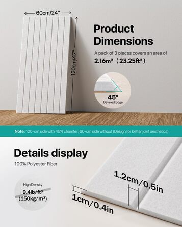 Акустичні панелі Soundsbay самоклеючі для звукоізоляції та декору стін, 120×60×0.9 см, білі (3 шт, 2.16м²)