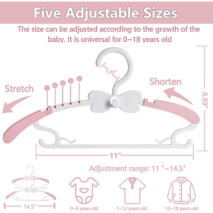 Дитячі вішалки для одягу, 20 шт., 29-37 см, рожеві. Зростаючі вішалки для дітей з кріпленням для штанів. Економія місця, неслизький пластик.