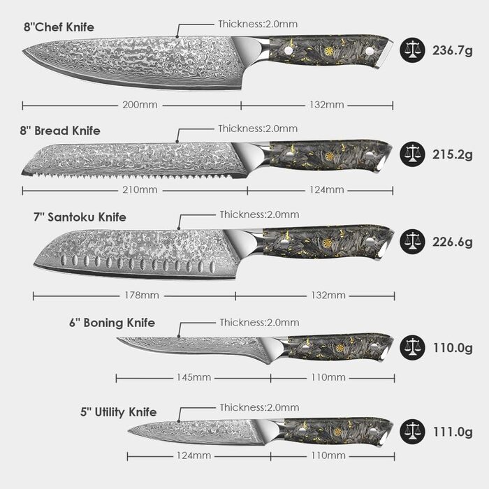 Набір кухонних ножів KyushuBlade Damast (5 шт.) з унікальною ручкою з карбону та золота, 67 шарів дамаської сталі