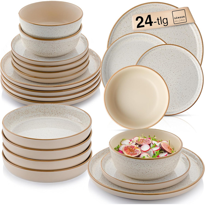 Набір посуду SÄNGER Rio Creme 24 частини: 6 тарілок, 6 тарілок для сніданку, 6 глибоких тарілок, 6 салатників, керамічний посуд для 6 осіб