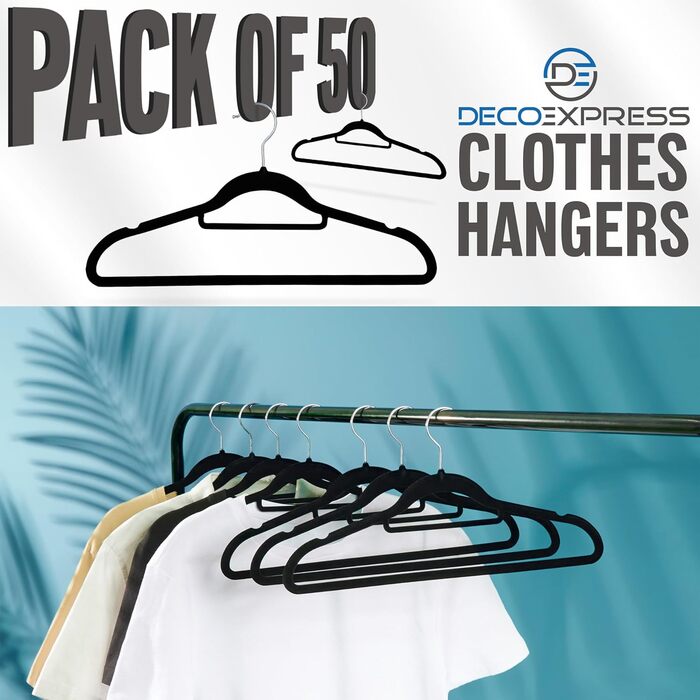 Плечики для одягу Deco Express Klassische Kleiderbügel Samt, велюрові, антиковзаючі, економія місця, набір (50 штук, чорний)