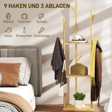 HOMCOM Coat Rack, Clothes Rack with 8 Hooks, 3 Tiers, Jacket Stand for Hats, Clothing, Entrance, Hallway, 45 x 45 x 170 cm, Bamboo, Natural | Aosom