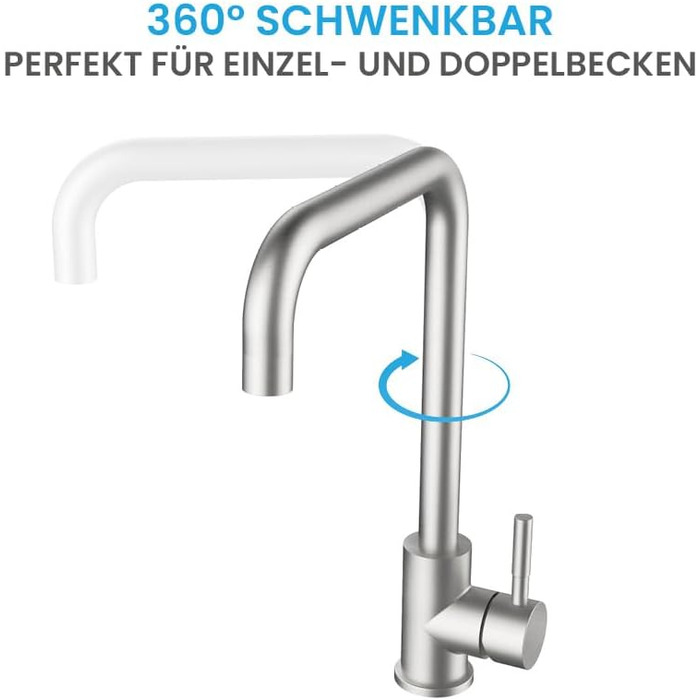 Кухонний змішувач Bächlein Plivo з нержавіючої сталі – одноручний, поворотний вилив, масивний дизайн, для кухні
