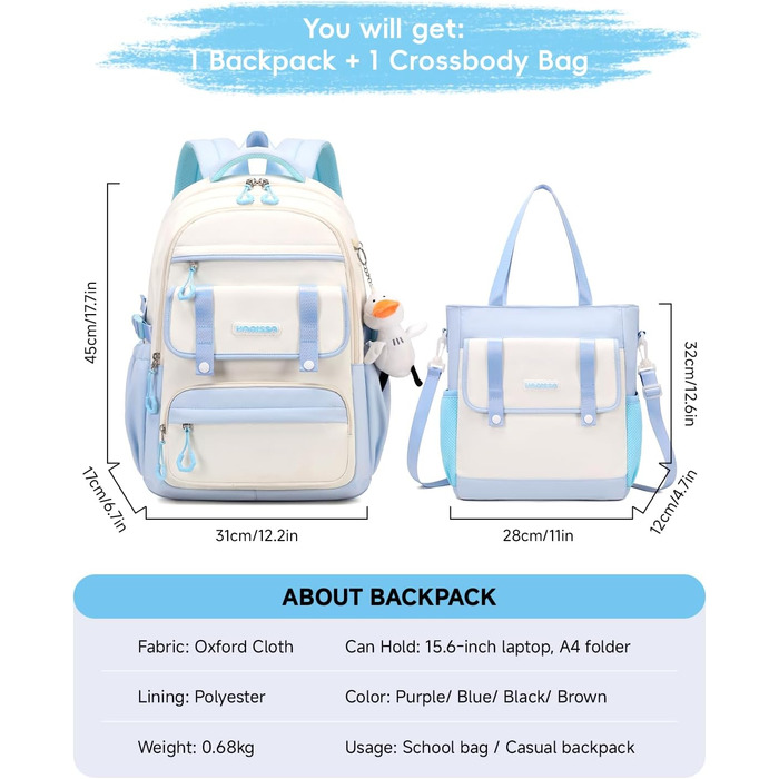 Шкільний рюкзак для дівчинки 2 в 1, рюкзак для підлітків 3-7 класів, шкільний набір з сумкою через плече, блакитний