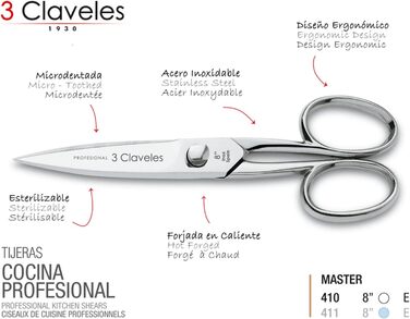 Кухонні ножиці 3 Claveles Master INOX 20 см, нержавіюча сталь, блискучі