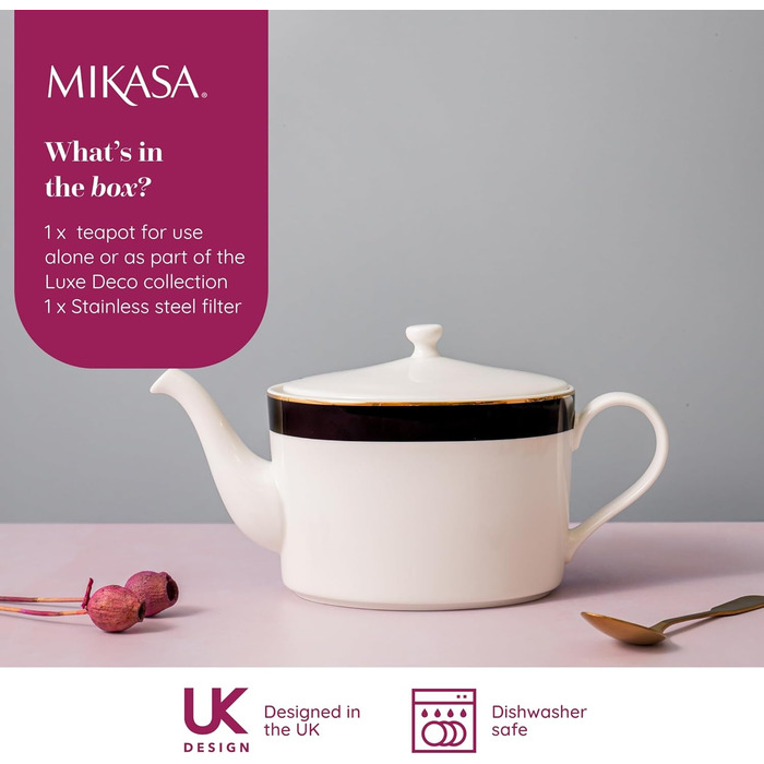 Mikasa Luxe Deco Porcelain Teapot, large 4-cup teapot with filter, 1.1L, Art Deco print and genuine gold accents, dishwasher safe