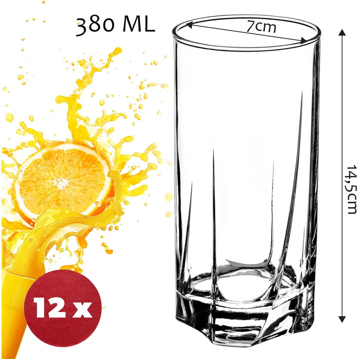 KADAX Drinking Glasses Set of 12, made of high-quality glass, thick-walled juice glasses, ribbed glasses for water, drinks, juice, party, cocktail glasses, beverage glasses (SET OF 12, 380ml tall)