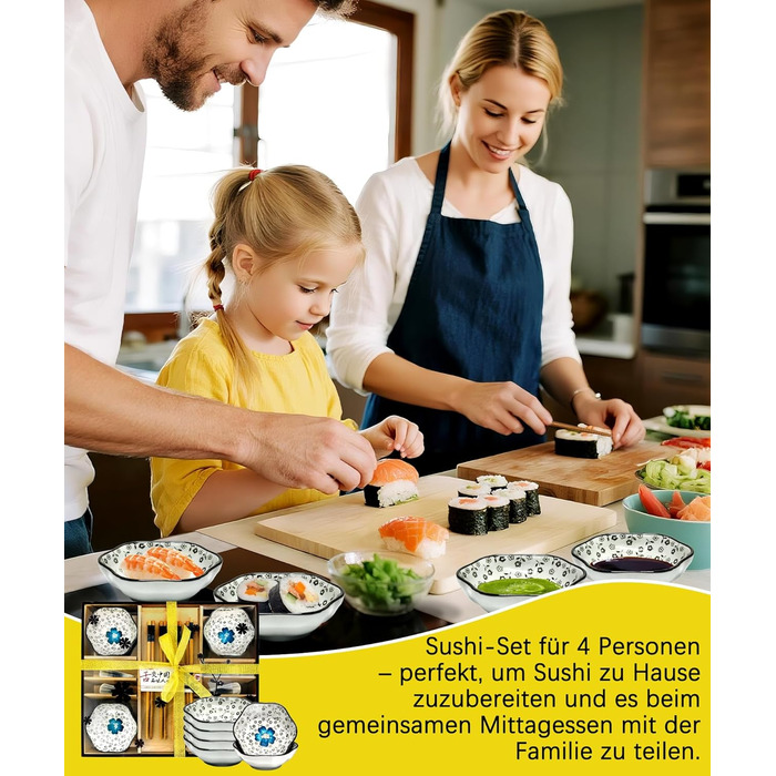 Набір для суші на 4 особи, 12 предметів, кераміка, набір для подачі суші, керамічні соусники, дизайн 'Плюм-квіт', ідеальний подарунок