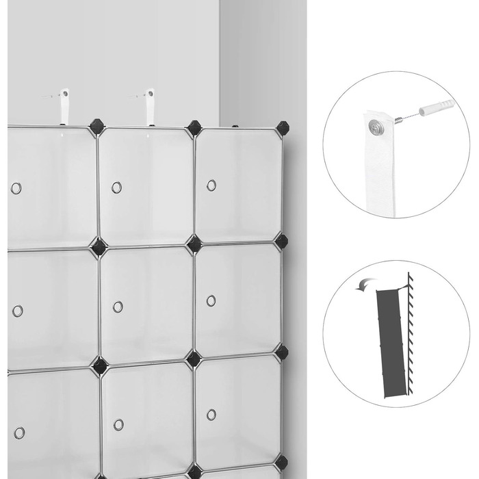 SONGMICS Regal System, Shoe Rack, Set of 16 Cubes, Plastic Closet Organizer with Doors, Plug-in Shelf, Storage for Clothes, Shoes, and Books, Easy Assembly, LPC443G01 (12 Cubes (93B x 123H cm), White)