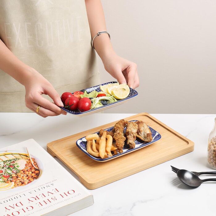 Набір тарілок Selamica, 6 шт., прямокутні, для закусок, десертів, суші, фруктів, 18 × 10.5 × 2 см (Вінтажно-блакитний)