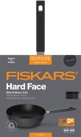 Сковорода-вок Fiskars Hard Face Ø22 см, антипригарна, алюміній/пластик, підходить для всіх плит, стійка до подряпин, чорна