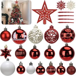 Набір прикрас на ялинку 101 шт., новорічний декор, пластикові кулі для ялинки, кулі на ялинку, зірка на верхівку, матові, глянцеві, багаторазові ялинкові кулі, 3, 4 та 6 см (червоні)