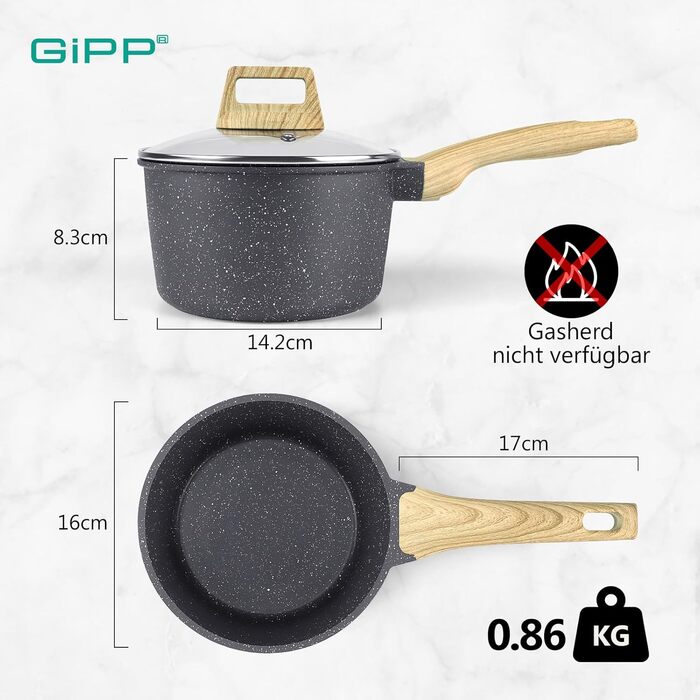Каструля GiPP з кришкою 16 см, нержавіюча сталь, з антипригарним покриттям, для індукційних плит, без PFOA, сірого кольору
