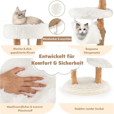 Дерев'яна кігтеточка SOARS для котів з 3-ма природними стовбурами, ліжко та плюшеві поверхні, з іграшковим м'ячиком та джутовим мотузком, багатоярусна, 59 x 49 x 110 см, білий колір