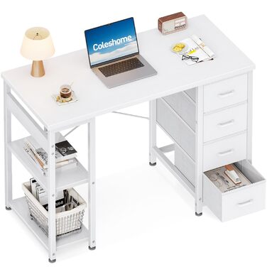 Компактний письмовий стіл Coleshome з 4 шухлядами, 100x40 см, з полицями, для офісу, робочого кабінету, спальні, білий