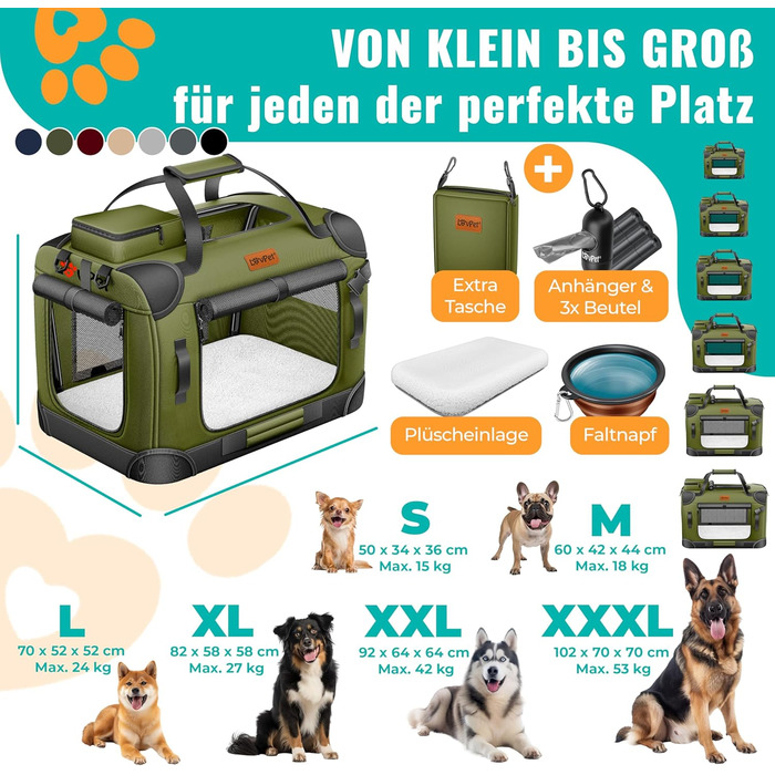 Транспортна переноска для собак та котів (XXL, Хакі) | З підлітком для їжі та плечовим ременем | Складна переноска для тварин