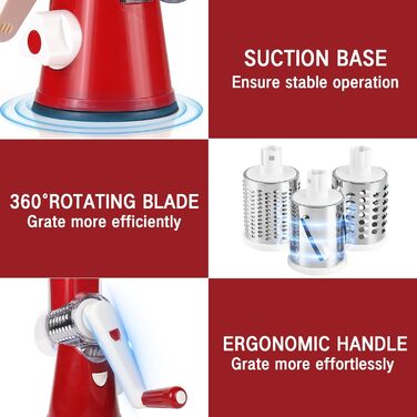 Ручна тертка для сиру та овочів Diealles Shine з 3 змінні леза з нержавіючої сталі, з кришкою, для сиру, овочів, горіхів, кабачків, моркви (червона)