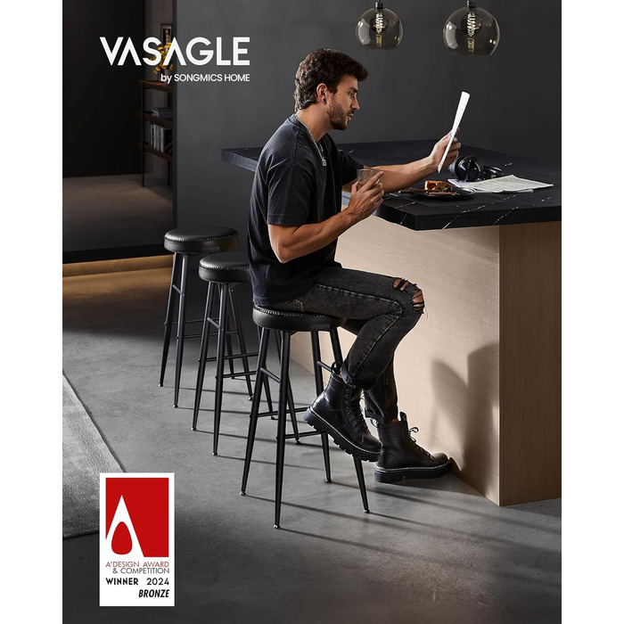 Барні стільці VASAGLE EKHO - набір 2 шт., чорний, стиль Mid-Century Modern, 76.2 см, для кухні та їдальні