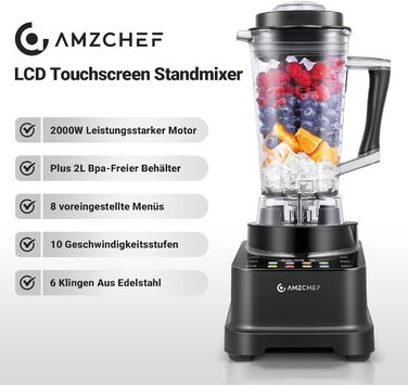 AMZCHEF 8-in-1 Multi Stand Mixer with Auto-IQ | 2000W High-Power Mixer with LCD Touchscreen | 2L Blender with 8 Smart Menus and 10 Speeds for the Kitchen | Black 25.6 x 20.1 x 47.6 cm Black