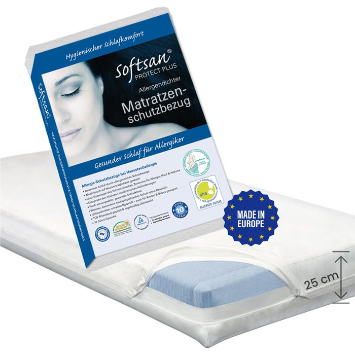 Softsan Protect Plus Mattress Cover, mite-proof 90x200x25 cm, height 25 cm, encasing, dust mite protection for house dust allergy sufferers, mite feces-proof, white