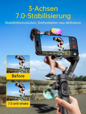 Гімбал AOCHUAN для смартфона з 3 осями стабілізації, RGB-підсвічуванням, трекінгом обличчя та регульованим кільцем фокусування. Підходить для iPhone/Android. Ідеальний для зйомки Vlog та створення контенту.