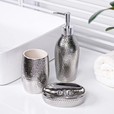 Silver Bathroom Accessories Set – 3-Piece Decorative Ceramic Bathroom Accessories Set with Lotion Soap Dispenser, Toothbrush Holder/Cup, and Soap Dish, Silver Gift Set for New Home Decor