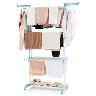Сушарка для білизни GOPLUS 4-ярусна розкладна з 2 вішалками для одягу, 3 висувними полицями та полицею для взуття, з 4 колесами для використання в приміщенні та на вулиці (Синій колір)