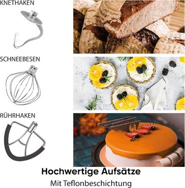 Кухонна машина Heinrichs 2500W з подвійним гаком для тіста, міксером та вінчиком, 8 швидкостей, чаша 8л з нержавіючої сталі, тиха, червона