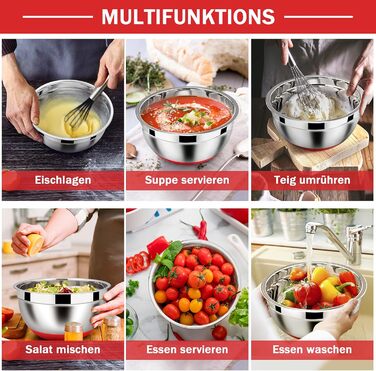 Homikit Mixing Bowls, 6-Piece Stainless Steel Bowl Salad Bowl Set with Airtight Lid & Silicone Bottom, Nesting, Dishwasher Safe, 4.6 L / 2.8 L / 2.5 L / 1.6 L / 1.2 L / 0.7 L, Red