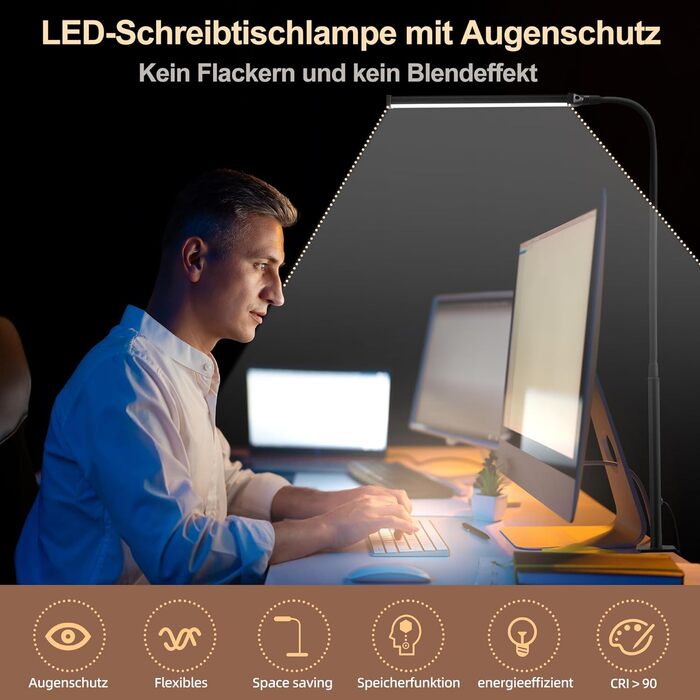 LED лампа для столу з кріпленням, регульована світлодіодна лампа з 3 кольорами та 10 рівнями яскравості, захищає зір, лампа для роботи, чорна