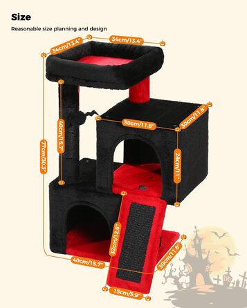 PETEPELA Scratching Post with Dual Condos for Apartment Cats, All-in-One Cat House with Padded Perch, Scratch Ramp & Post, and Replaceable Balls (Black, S 77cm)