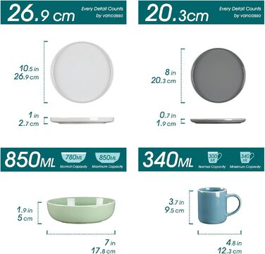 Набір посуду Vancasso SESAM Serie (16 предметів) – керамічний сервіз для 4-12 осіб, скандинавський дизайн (темно-сірий, сірий, блакитний, зелений)