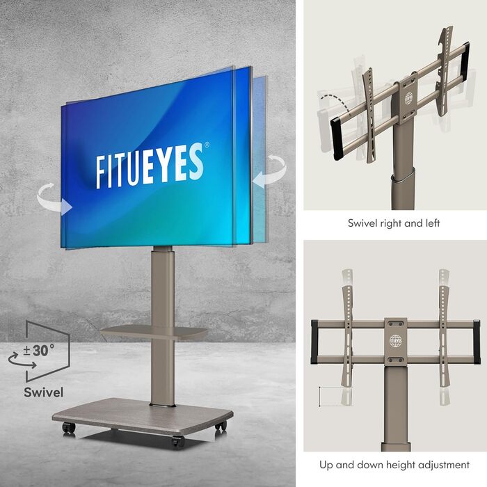 FITUEYES Rolling TV Stand with Wood Shelf - Adjustable Height & Swivel - Fits 32-70 inch TVs up to 40kg, VESA 400x600 - White (Khaki)