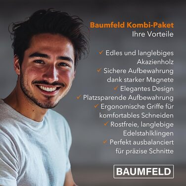 Baumfeld 6-Piece Knife Block Set - Premium Kitchen Knife Set with Acacia Wood Block - Professional Stainless Steel Ceramic Coated Knife Set (Black)