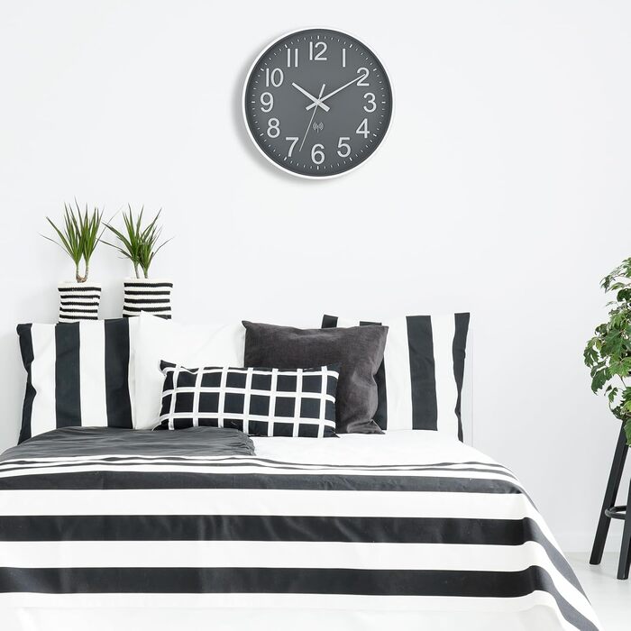 Foxtop Wall Clock Radio-Controlled Wall Clock 30 cm Silent & No Noise Large Dial Analog No Ticking For Kitchen, Living Room, Bathroom DCF Radio Signal Modern Design White-Gray