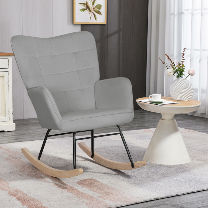HOMCOM Rocking Chair, Rocking Armchair with Velvet Look, Armrests, Chair with Wooden Skids, Reclining Chair for Living Room, Bedroom, Light Grey | Aosom