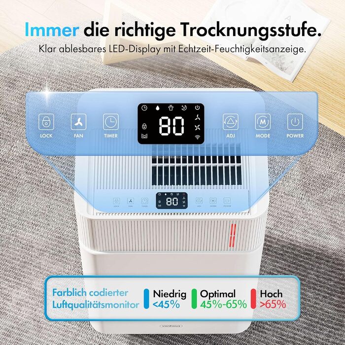 Електричний осушувач повітря VonHaus 20л/добу з Wi-Fi, для підвалу та приміщень до 20м², з таймером та шланг для відведення конденсату, сумісний з Alexa & Google Home