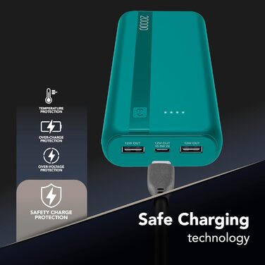 Power Bank Cellularline 20000 mAh з USB-C та 2x USB-A, LED-індикатор, Зелений