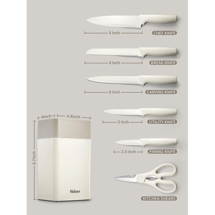 Набір кухонних ножів Yabano, 7 предметів: ніж кухарський, ніж для хліба, ніж для овочів, ніж для м'яса, ніж для чистки, ніж для стейка, ніж для овочів з інтегрованим точилом та пластиковим блоком (білий)