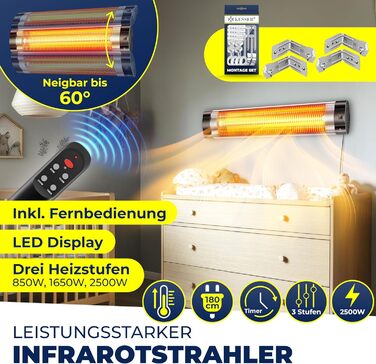 Інфрачервовий обігрівач KESSER® 2500W з пульт дистанційного керування, 3 режими, миттєвий нагрів, кріплення на стіну, для тераси, кварцовий, з захисним чохлом, таймер, антрацит (срібло)