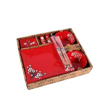 Традиційний японський набір для суші – 2 персони – червоний набір посуду з порцеляни з квітковим орнаментом (японський подарунок)