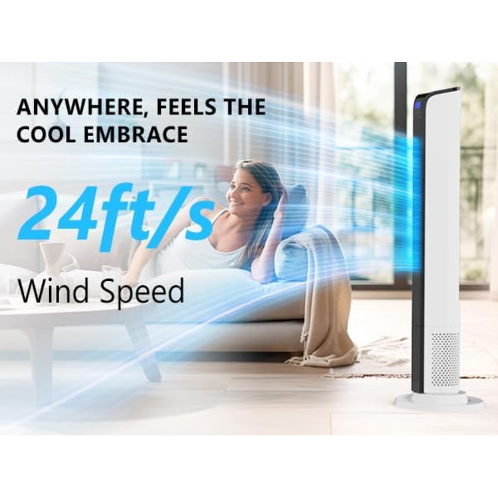 Вентилятор вежний Bonnlo з пультом, Wi-Fi, LED-дисплеєм, 3 швидкості, 3 режими (природний/звичайний/нічний), 60° осциляція, 24 ft/s, 40 дБ, білий