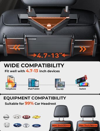 Тримач для планшета в авто Tryone - кріплення на підголівник, 360° обертання, сумісний з iPad, Smartphone, Switch, Tabs, 4.7-13 дюймів