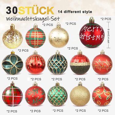 Набір прикрас на ялинку 30 шт, 60 мм, пластикові ялинкові кулі з гачками, для ялинки, вечірки, святкування (червоний, зелений)