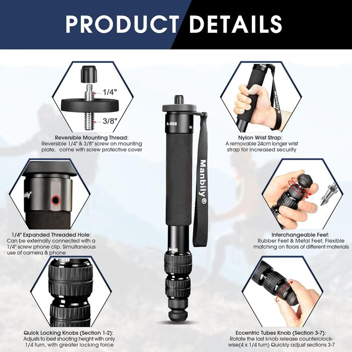 Монопод для камери Manbily A-888, 32-156 см, алюміній, 7 секцій, для DSLR/смартфона, монопод для фото та відео